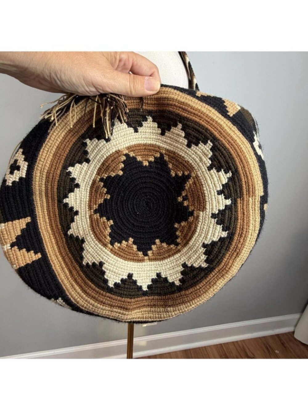 Handmade Wayuu Mochila Crochet Crossbody Bag Geometric Tribal Brown Neutral - Picture 10 of 13